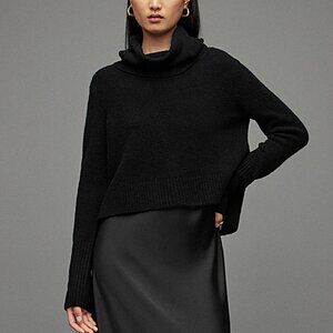 AllSaints Tierny Black Wool Cropped Roll Neck Sweater Size S